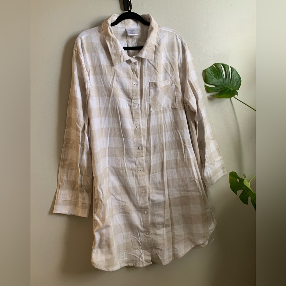 cream and white, checkered flannel shirt